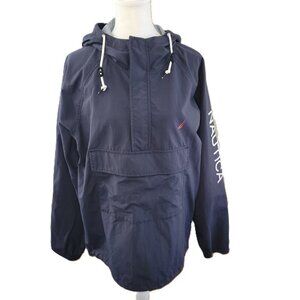 Nautica Pullover 1/4 Zip Windbreaker W/ Pouch & Hood Navy Blue Men's Size M